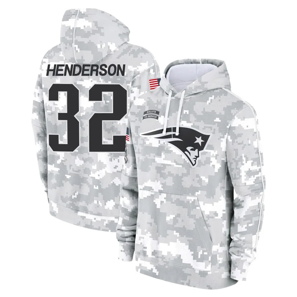 Kooe NE.Patriots #32 TreVeyon Henderson Player Arctic Camo Salute to Service Pullover Hoodies Limited Game Stitched Jerseys