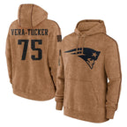 Kooe NE.Patriots #75 Alijah Vera-Tucker Player Brown Salute to Service Pullover Hoodies Limited Game Stitched Jerseys