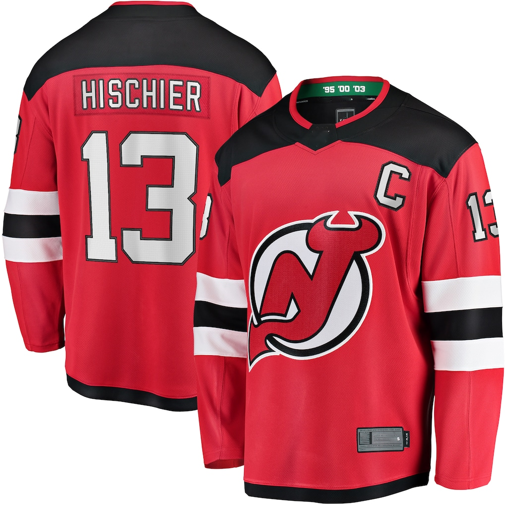 Kooe N.Jersey Devils #13 Nico Hischier Red Captain Patch Home Breakaway Jerseys