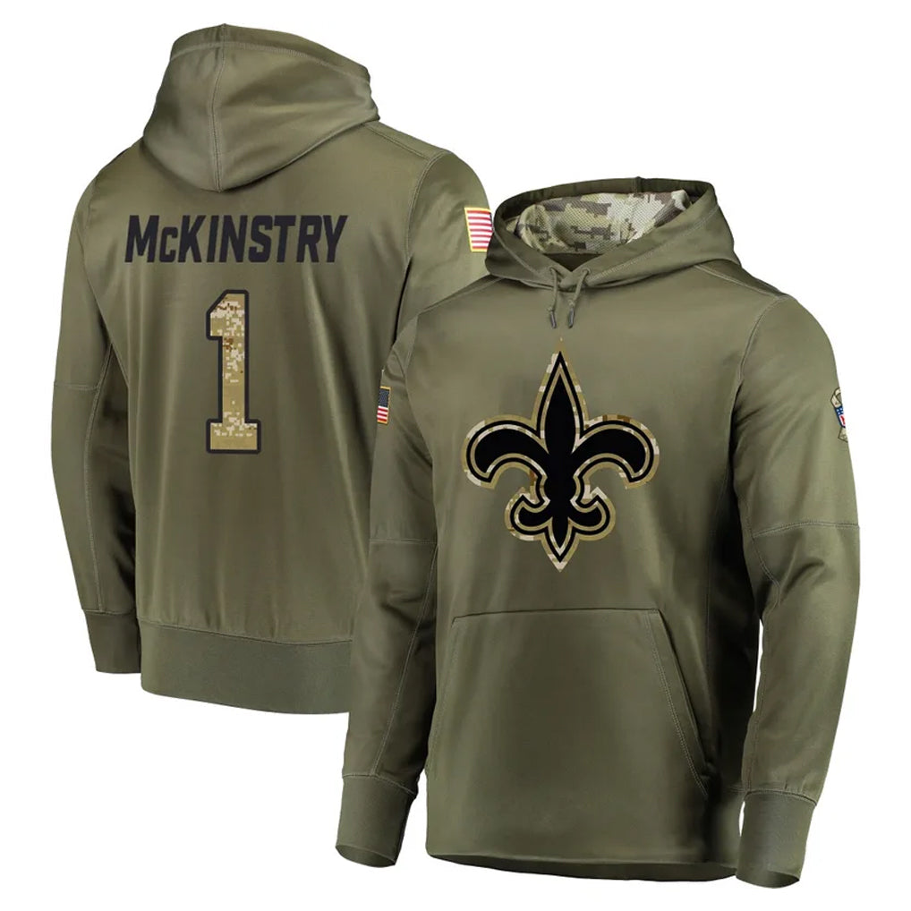 Kooe NO.Saints #1 Kool-Aid McKinstry Player Olive Salute to Service Pullover Hoodies Home Game Stitched Jerseys