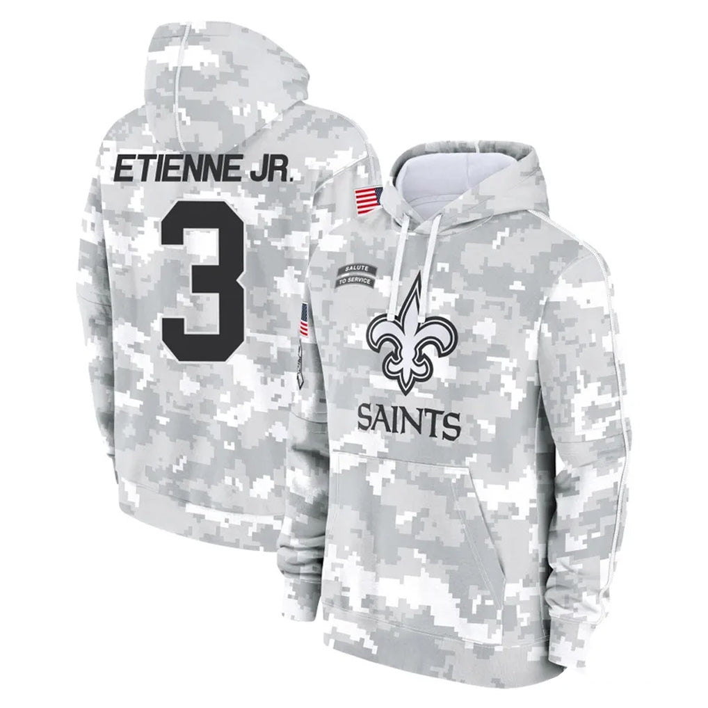 Kooe NO.Saints #3 Travis Etienne Jr. Player Arctic Camo Salute to Service Pullover Hoodies Limited Game Stitched Jerseys