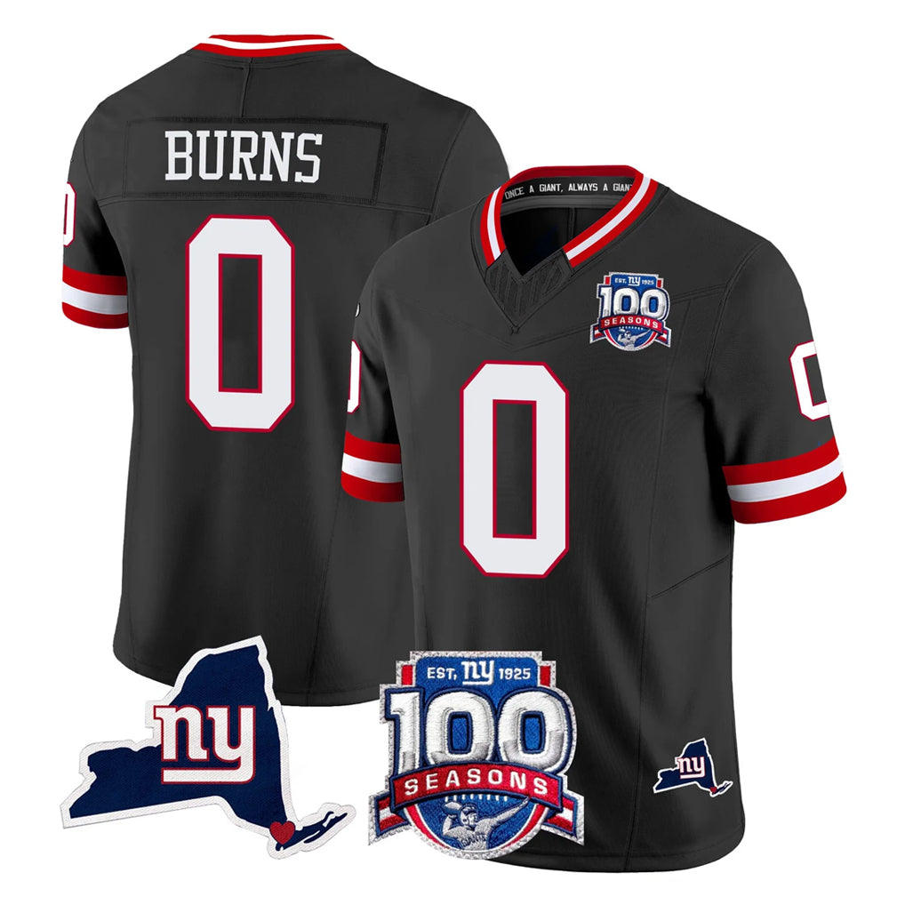 Kooe NY.Giants #0 Brian Burns Player Black 100th Season & State Patch Vapor Limited Home Game Stitched Jerseys