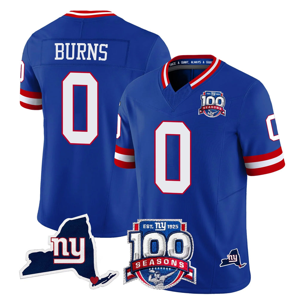Kooe NY.Giants #0 Brian Burns Player Royal 100th Season & State Patch Vapor Limited Home Game Stitched Jerseys