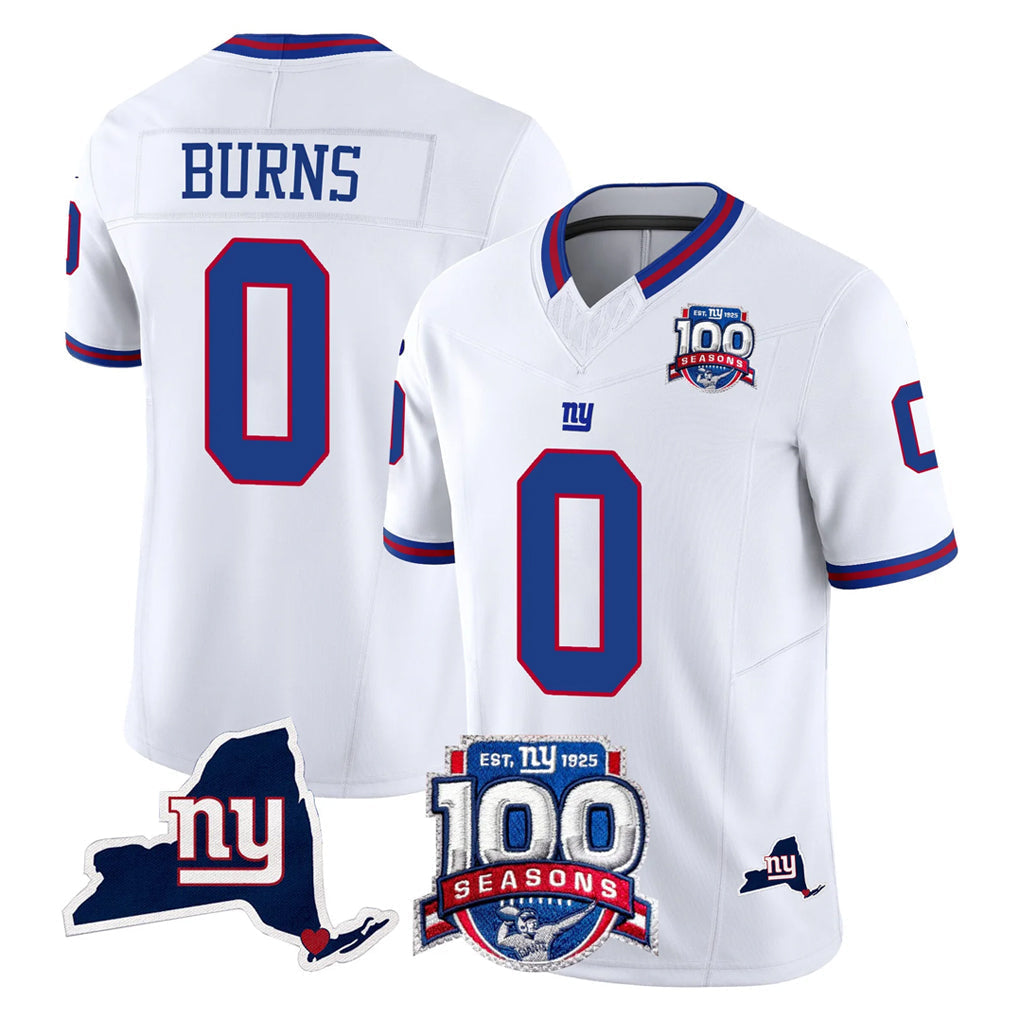 Kooe NY.Giants #0 Brian Burns Player White 100th Season & State Patch Vapor Limited Home Game Stitched Jerseys