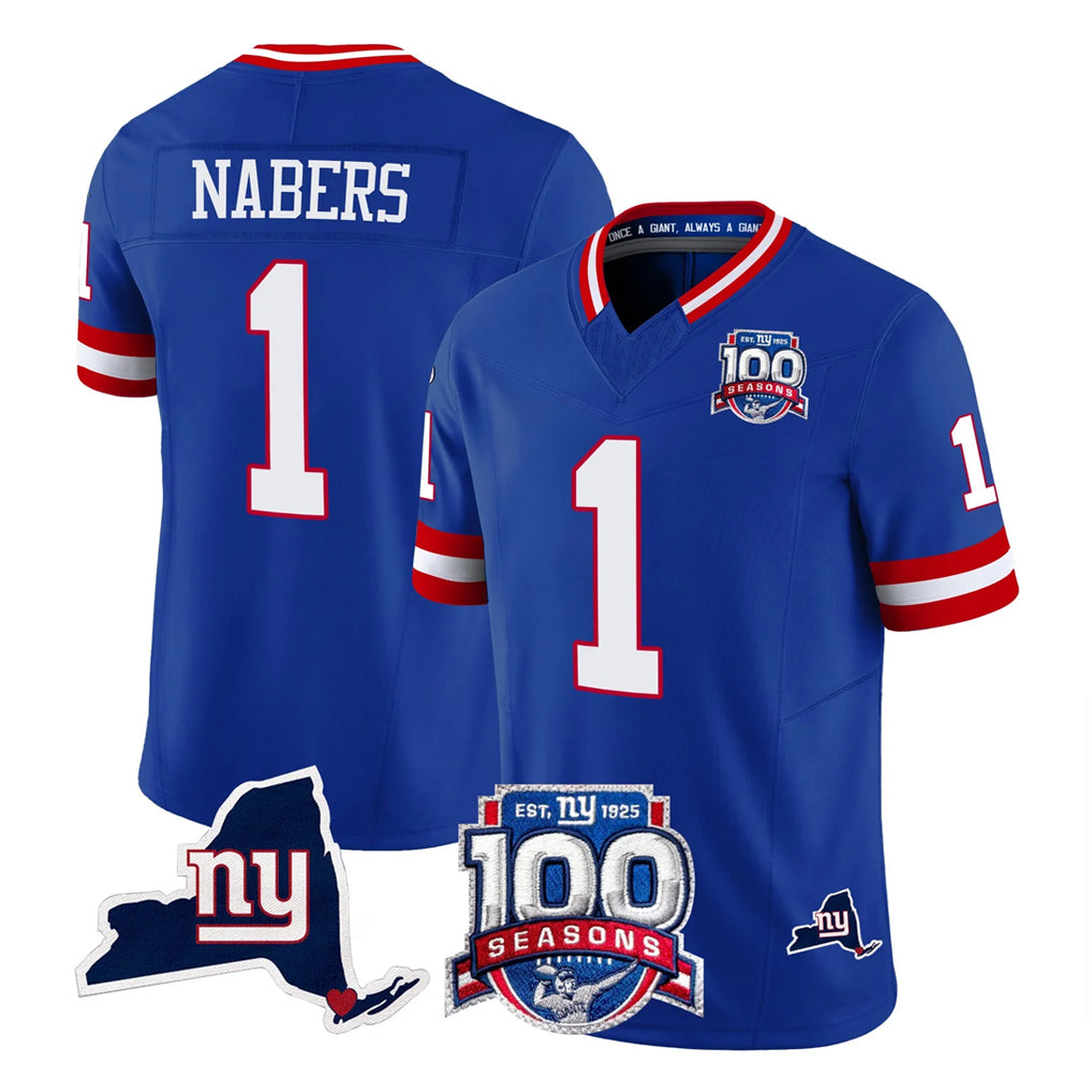 Kooe NY.Giants #1 Malik Nabers Player Royal 100th Season & State Patch Vapor Limited Home Game Stitched Jerseys