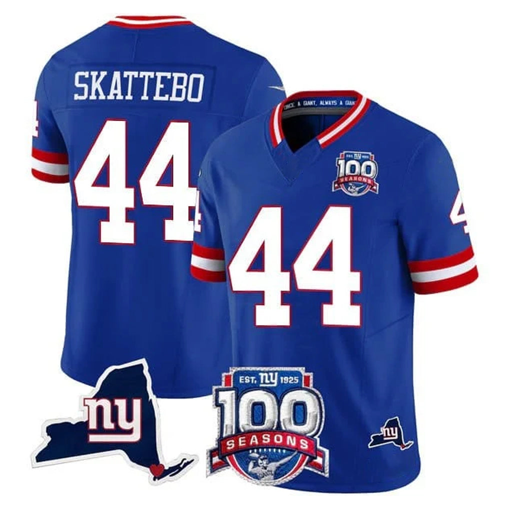 Kooe NY.Giants #44 Cam Skattebo Player Royal 100th Season & State Patch Vapor Limited Home Game Stitched Jerseys
