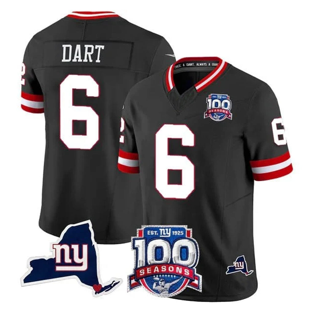 Kooe NY.Giants #6 Jaxson Dart Player Black 100th Season & State Patch Vapor Limited Home Game Stitched Jerseys