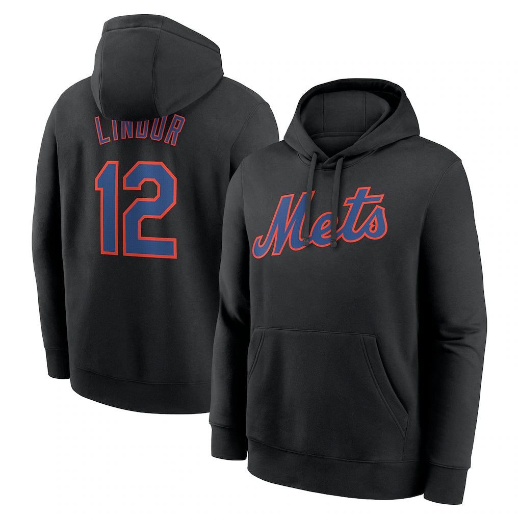 Kooe NY.Mets #12 Francisco Lindor Player Black Club Pullover Hoodie Game Stitched Jerseys
