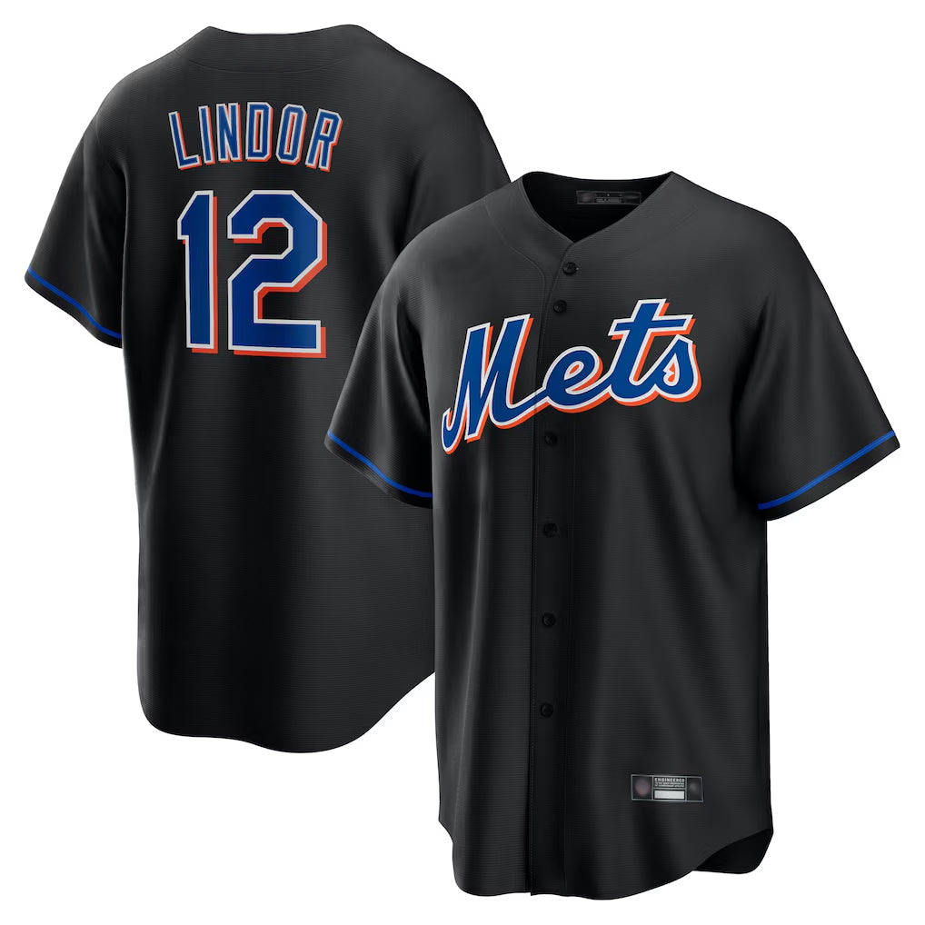 Kooe NY.Mets #12 Francisco Lindor Player Black Replica Home Game Stitched Jerseys