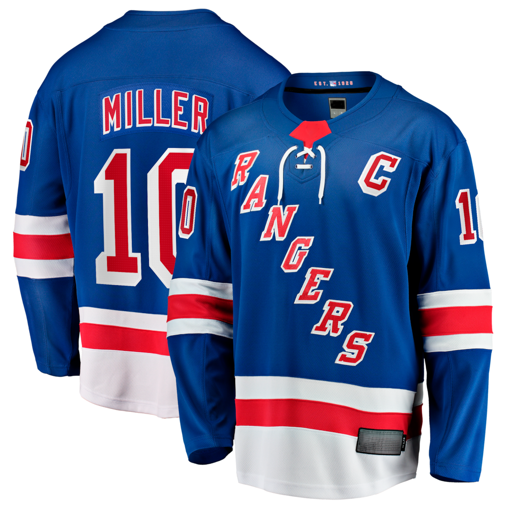 Kooe NY.Rangers #10 JT Miller Blue Home Captain's Patch Breakaway Jerseys