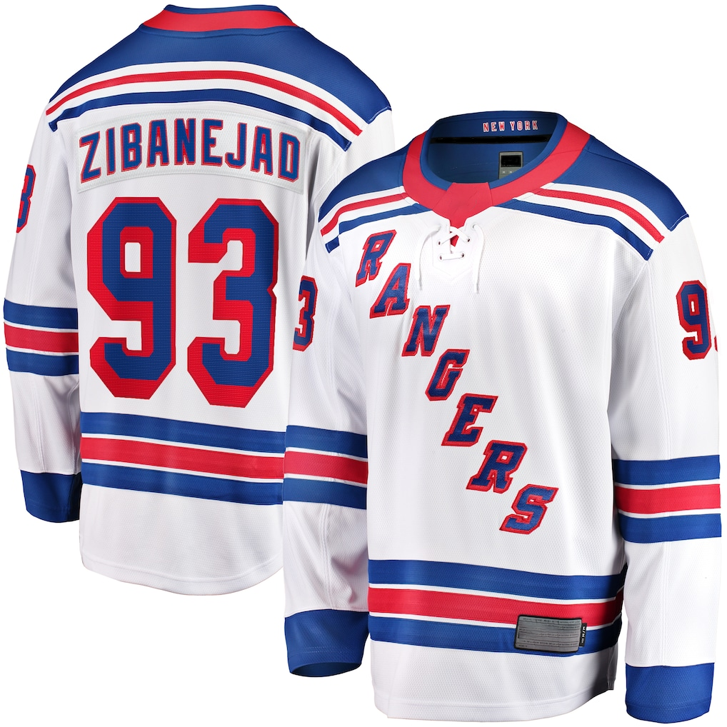 Kooe NY.Rangers #93 Mika Zibanejad White Away Premier Breakaway Player Jerseys