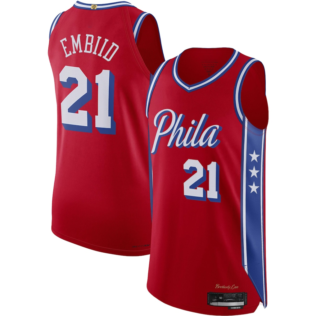 Kooe P.76ers #21 Joel Embiid Jordan Brand Red Authentic Player Jerseys - Statement Edition