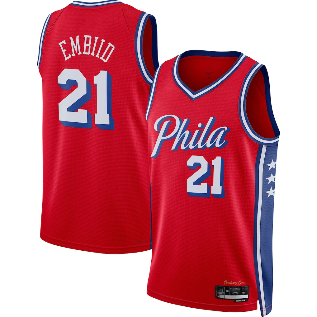 Kooe P.76ers #21 Joel Embiid Jordan Brand Red Swingman Jerseys - Statement Edition