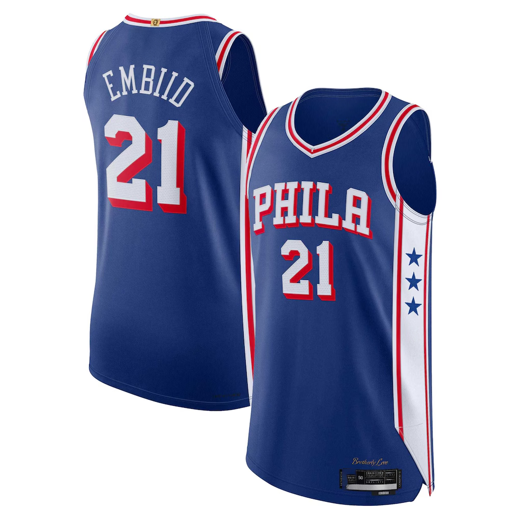 Kooe P.76ers #21 Joel Embiid Royal Authentic Jerseys - Icon Edition