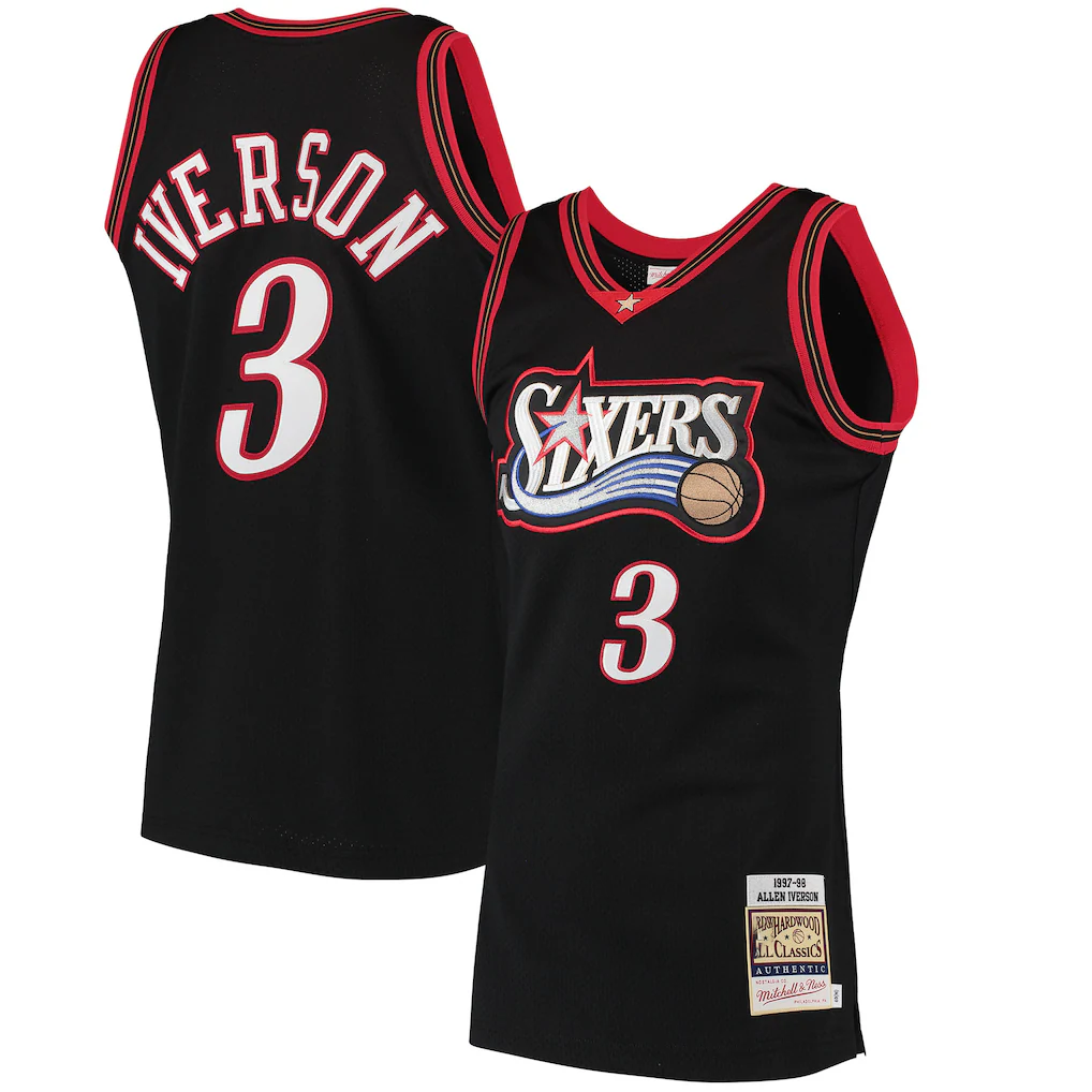 Kooe P.76ers #3 Allen Iverson Mitchell & Ness Black 1997-98 Hardwood Classics Authentic Jerseys
