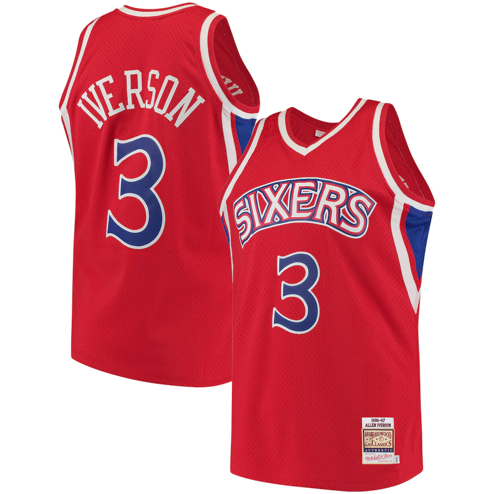 Kooe P.76ers #3 Allen Iverson Mitchell & Ness Red 199697 Hardwood Classics Authentic Jerseys