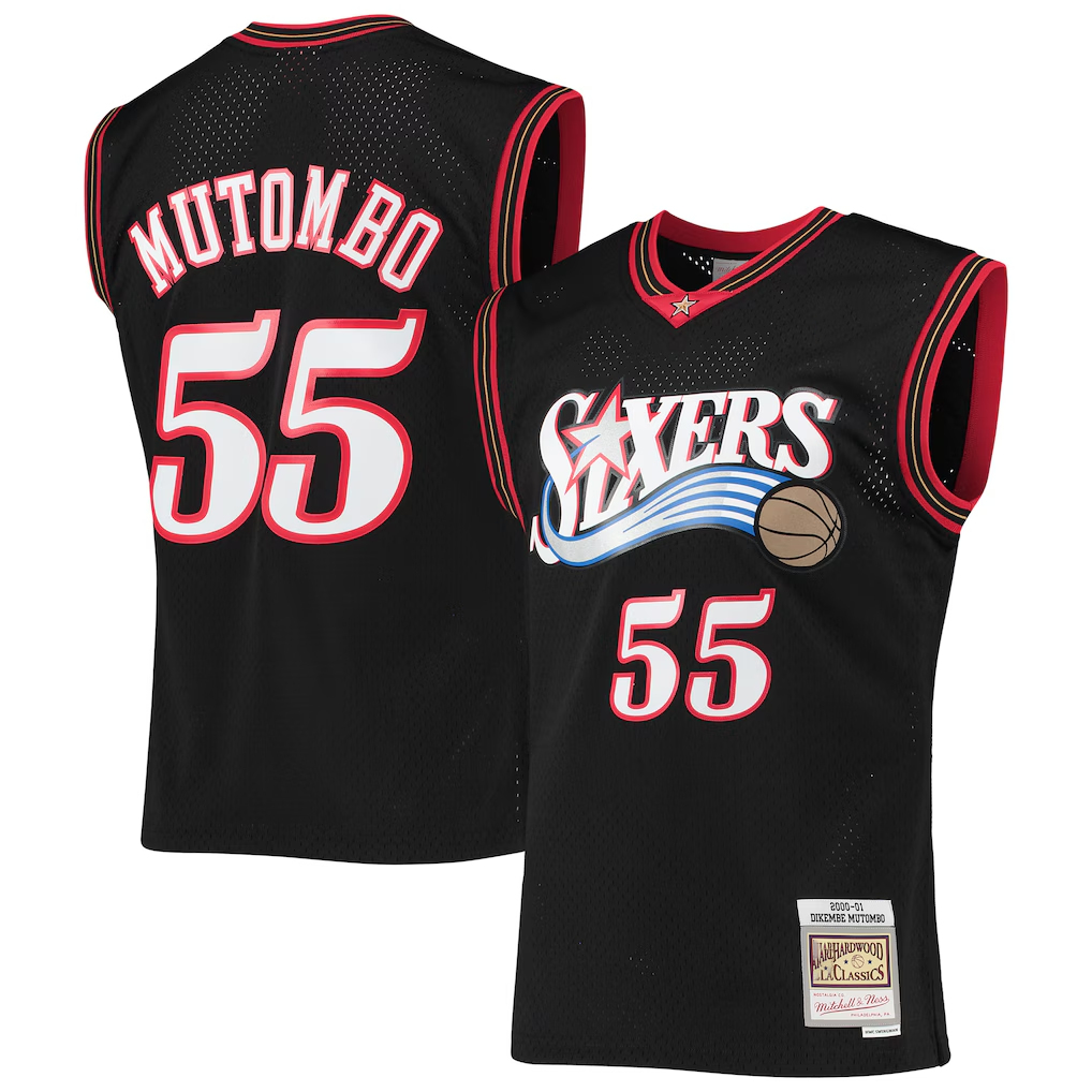 Kooe P.76ers #55 Dikembe Mutombo Mitchell & Ness Black Hardwood Classics Swingman Jerseys