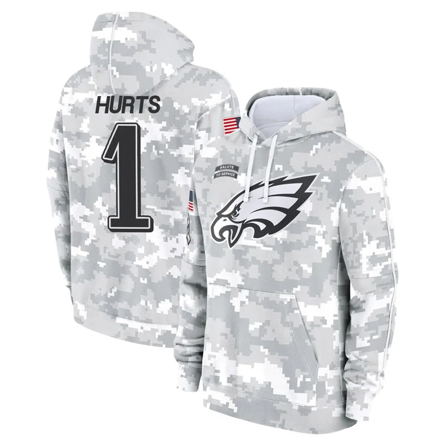 Kooe P.Eagles #1 Jalen Hurts Player Military Hoodie Arctic Camo Salute To Service Stitched Jerseys