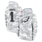 Kooe P.Eagles #1 Jalen Hurts Player Military Hoodie Arctic Camo Salute To Service Stitched Jerseys