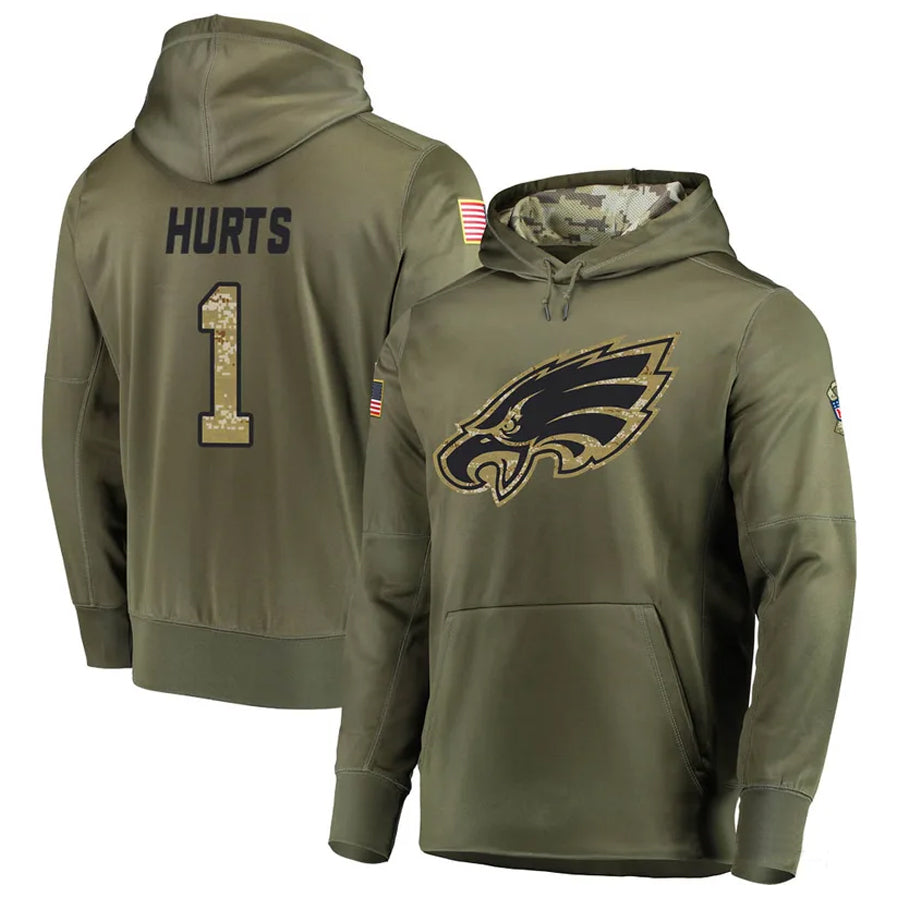 Kooe P.Eagles #1 Jalen Hurts Player Military Hoodie Salute To Service Olive Stitched Jerseys