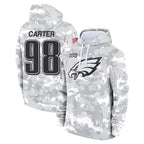 Kooe P.Eagles #98 Jalen Carter Player Military Hoodie Arctic Camo Salute To Service Stitched Jerseys