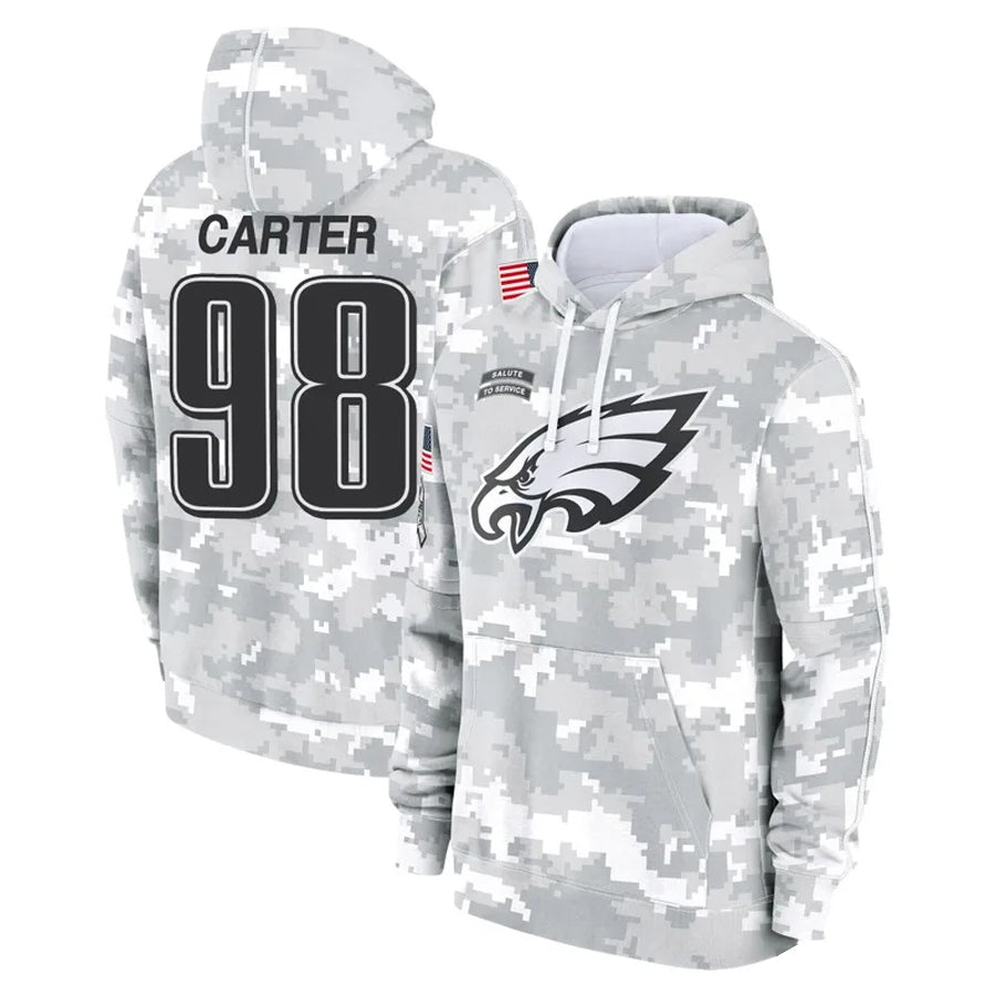 Kooe P.Eagles #98 Jalen Carter Player Military Hoodie Arctic Camo Salute To Service Stitched Jerseys