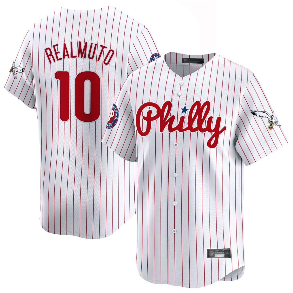 Kooe P.Phillies #10 J.T. Realmuto Player White Pinstripe Phillies & Eagles Vapor Premier Limited Stitched Jerseys