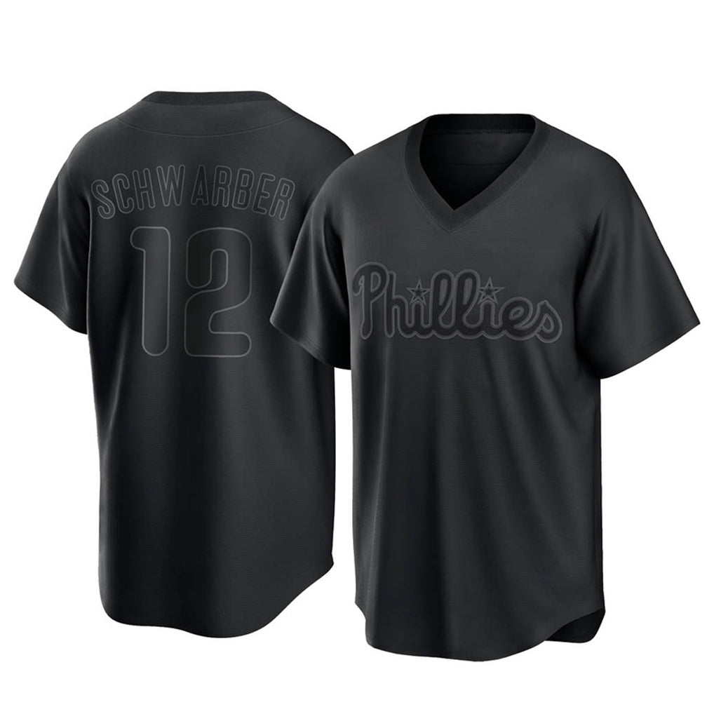 Kooe P.Phillies #12 Kyle Schwarber Player Black Pitch Fashion Limited T-shirt Stitched Jerseys
