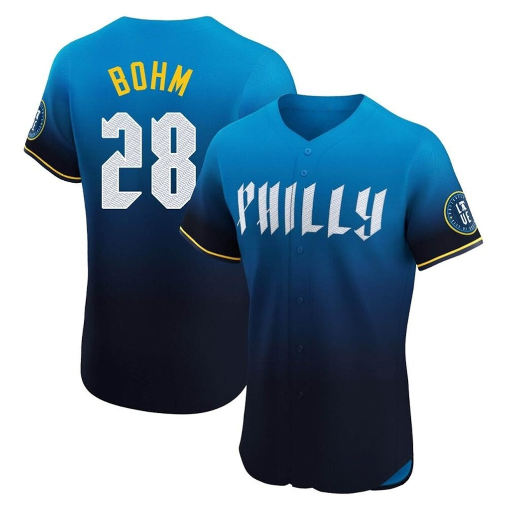 Kooe P.Phillies #28 Alec Bohm Player Blue City Connect Home Limited Elite Stitched Jerseys