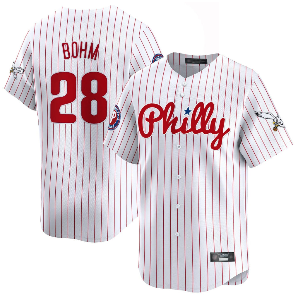 Kooe P.Phillies #28 Alec Bohm Player White Pinstripe Phillies & Eagles Vapor Premier Limited Stitched Jerseys