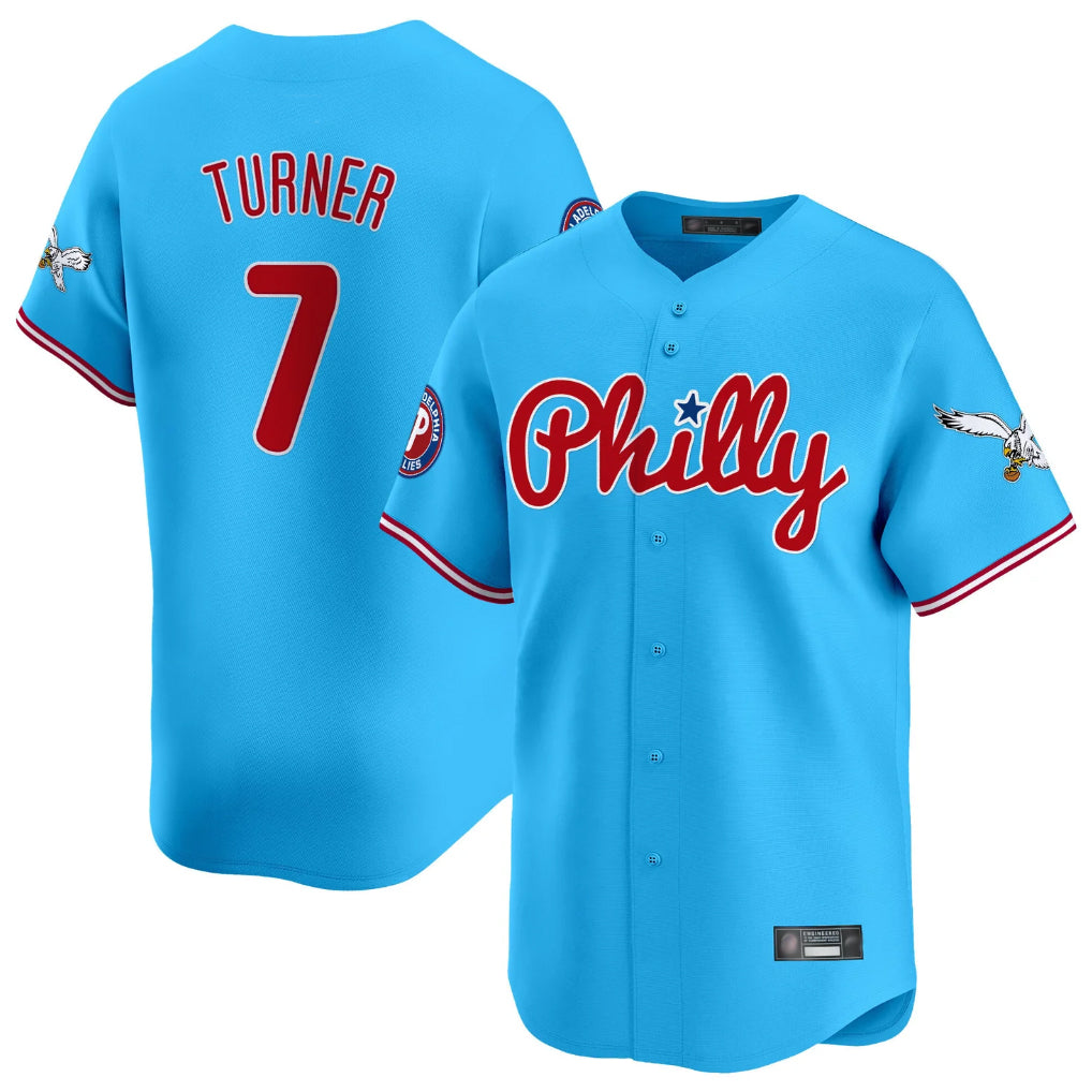 Kooe P.Phillies #7 Trea Turner Player Light Blue Phillies & Eagles Vapor Premier Limited Stitched Jerseys