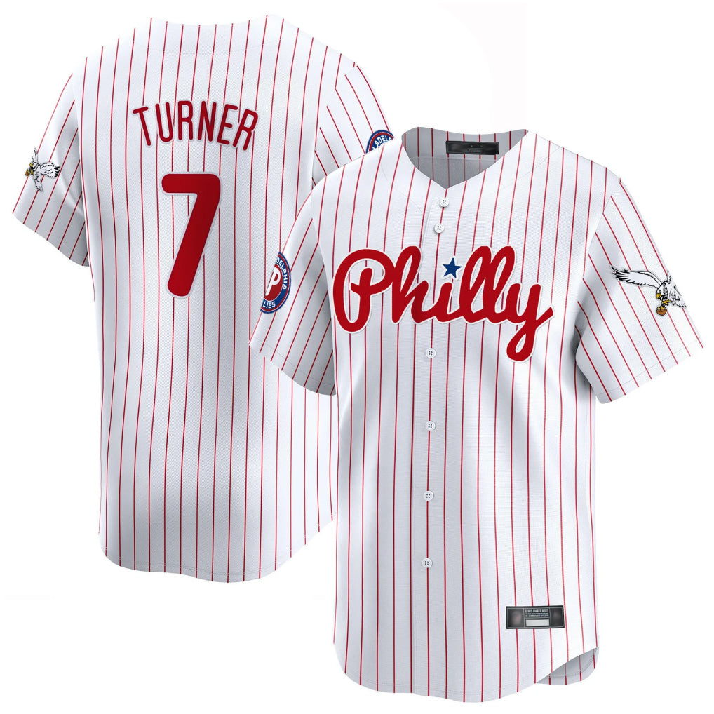 Kooe P.Phillies #7 Trea Turner Player White Pinstripe Phillies & Eagles Vapor Premier Limited Stitched Jerseys
