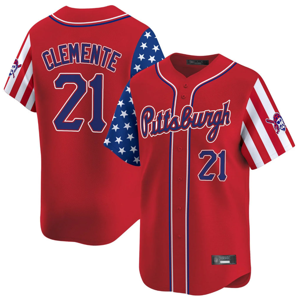 Kooe P.Pirates #21 Roberto Clemente Player Red 2025 Independence Day Vapor Premier Limited Stitched Jerseys