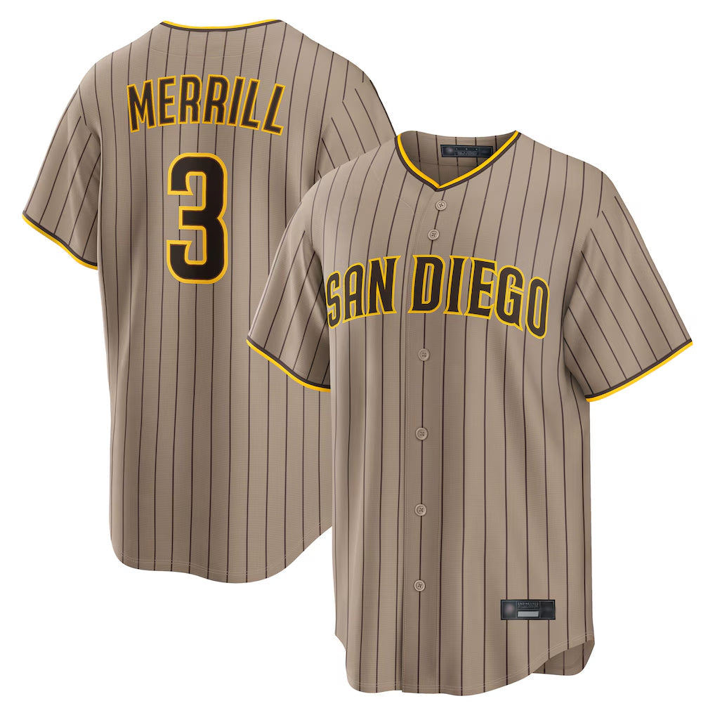 Kooe S.Diego Padres #3 Jackson Merrill Player Khaki Home Game Stitched Jerseys