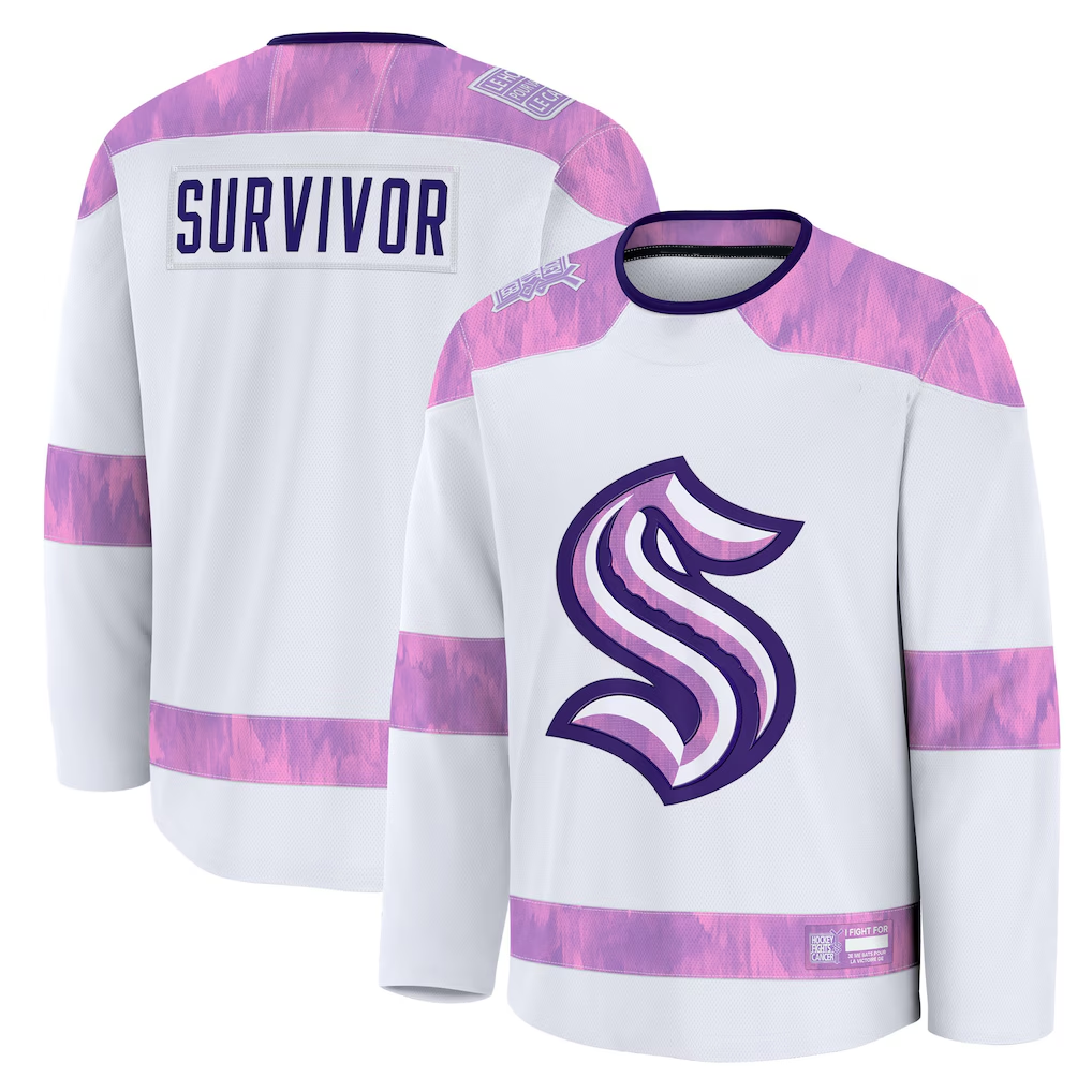 Kooe S.Kraken White Hockey Fights Cancer Survivor Practice Jerseys