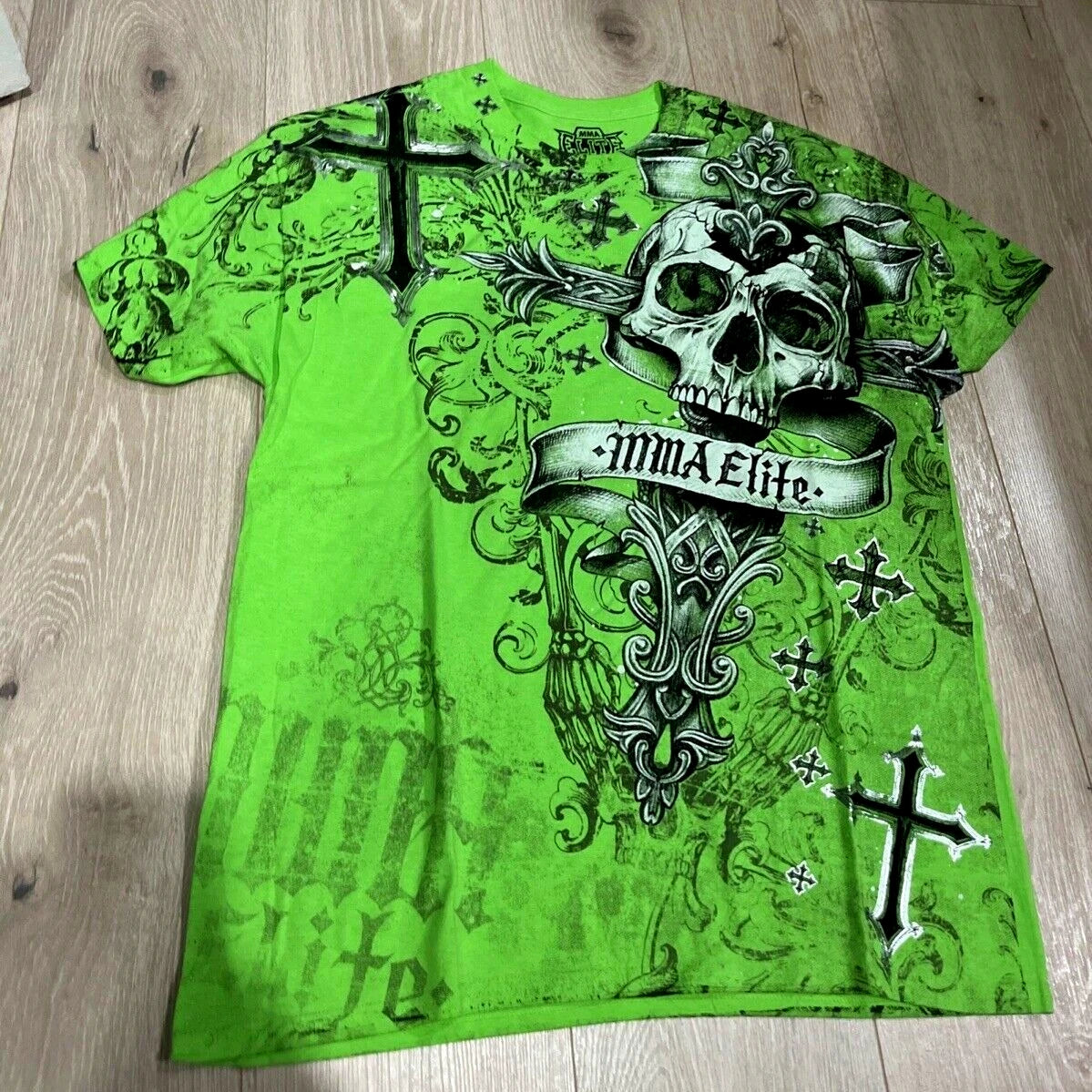 Cheap T-shirt Jerseys MMA ELITE Cross Skull Print Green Y2K T Shirt Men Loose Fit Streetwear Graphic Tee Oversized Glow Dark Party Ins Popularity Tops