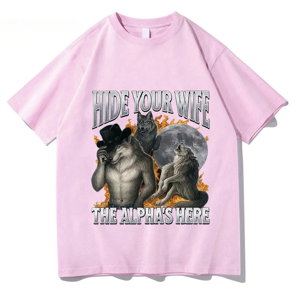 Cheap T-shirt Jerseys Hide Your Wife, Alpha Werewolf Is Coming! Funny Werewolf Meme T-shirt, Trendy Casual Hip-hop Women's Short-sleeved Shirt.Y2K Top