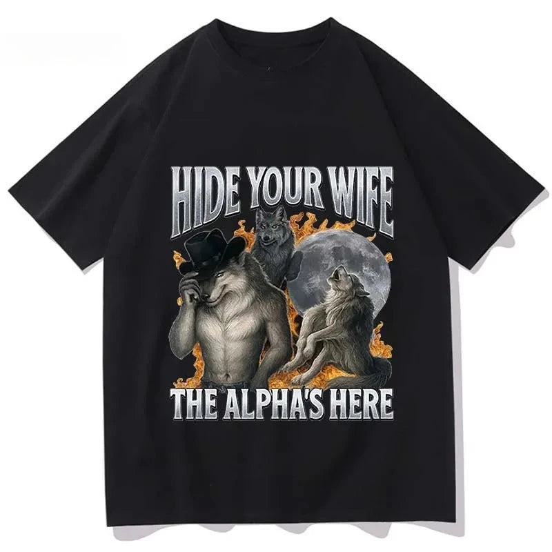 Cheap T-shirt Jerseys Hide Your Wife, Alpha Werewolf Is Coming! Funny Werewolf Meme T-shirt, Trendy Casual Hip-hop Women's Short-sleeved Shirt.Y2K Top
