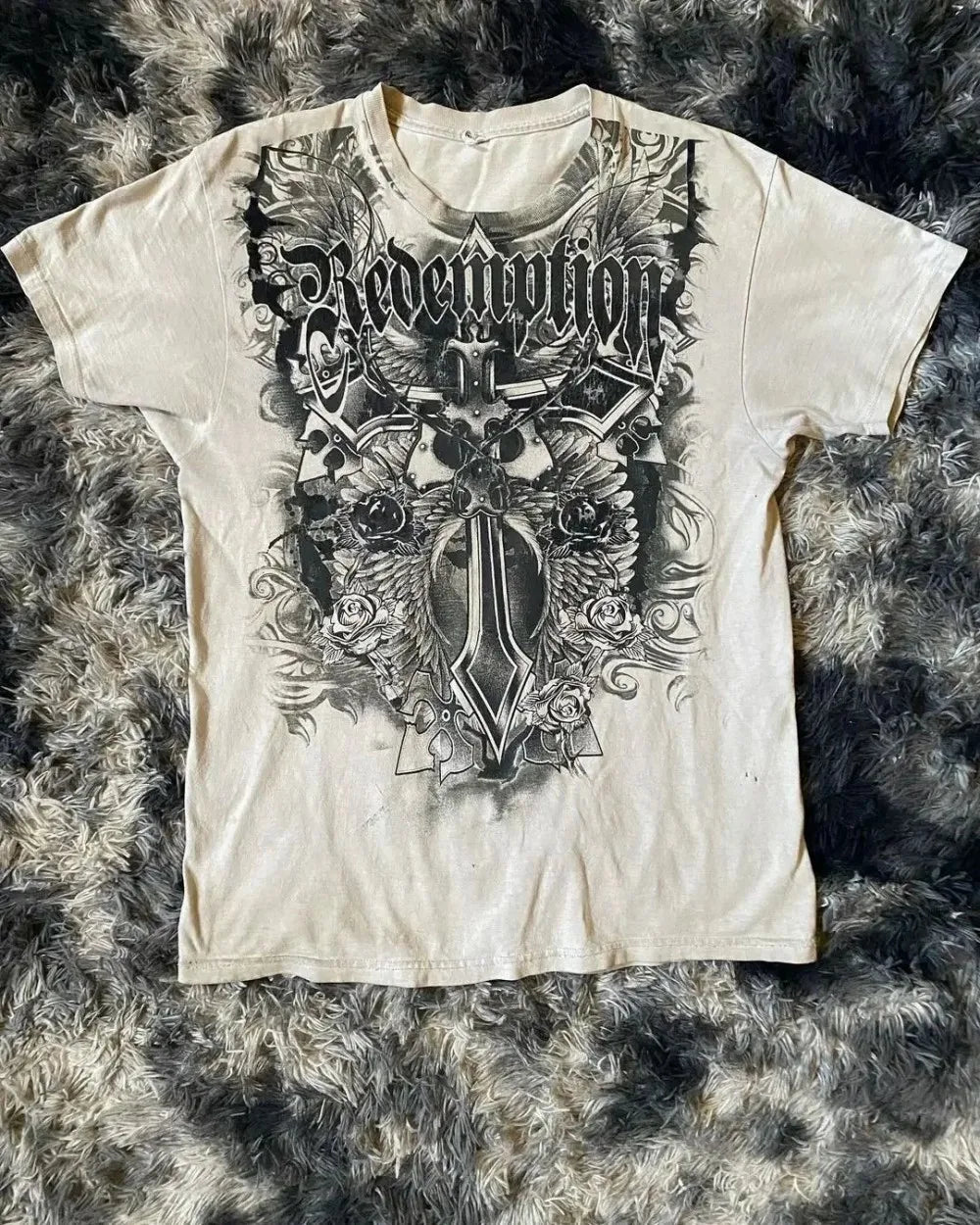 Cheap T-shirt Jerseys Affliction Style Gothic Skull Cross T-Shirt, Men Women Black Washed Cotton Short Sleeve Casual Streetwear Tee