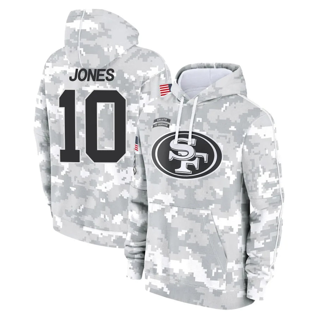Kooe SF.49ers #10 Mac Jones Player Arctic Camo Limited Salute to Service Pullover Hoodies Game Stitched Jerseys