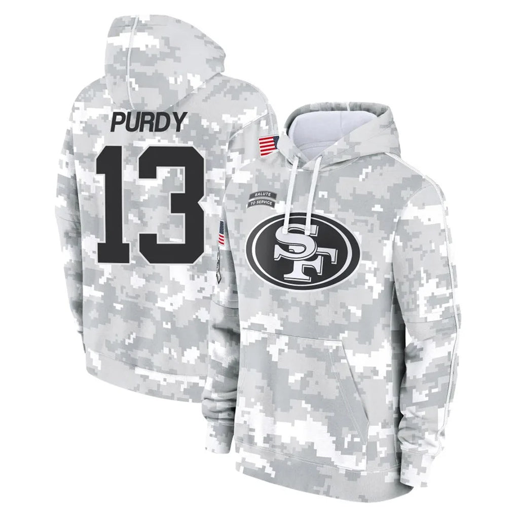 Kooe SF.49ers #13 Brock Purdy Player Arctic Camo Limited Salute to Service Pullover Hoodies Game Stitched Jerseys