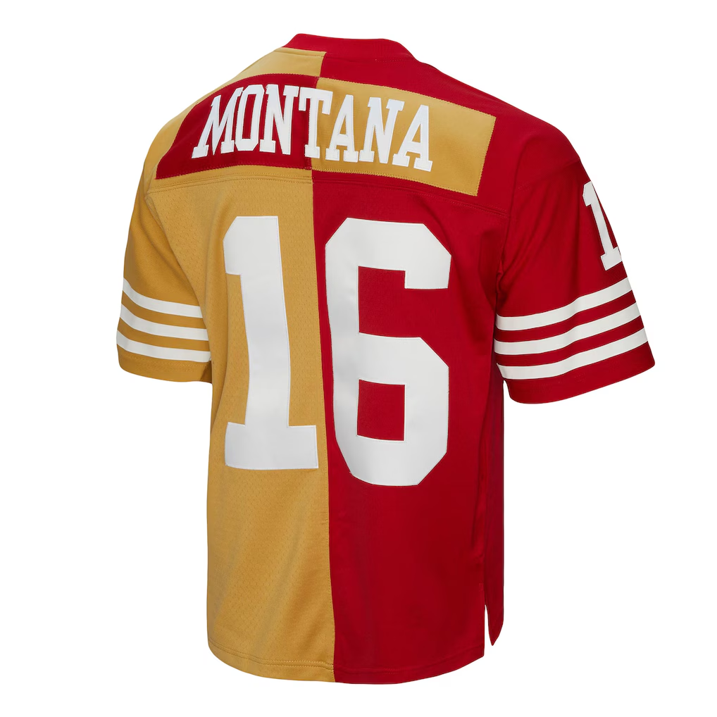 Kooe SF.49ers #16 Joe Montana Mitchell & Ness ScarletGold 1990 Split Legacy Replica Jersey