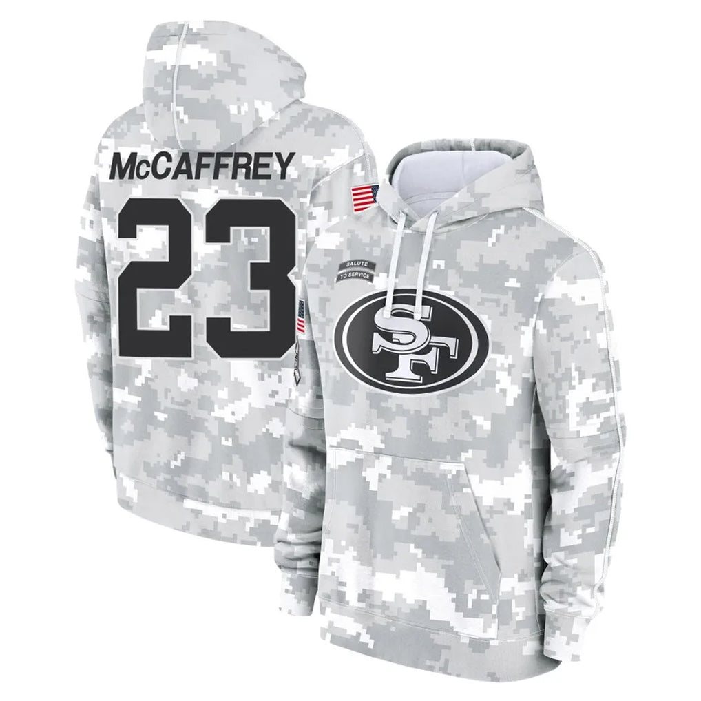 Kooe SF.49ers #23 Christian McCaffrey Player Arctic Camo Limited Salute to Service Pullover Hoodies Game Stitched Jerseys