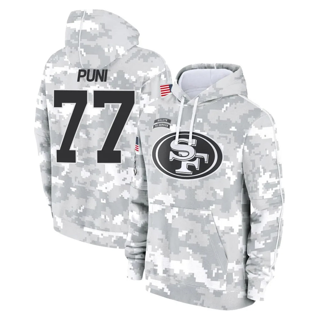 Kooe SF.49ers #77 Dominick Puni Player Arctic Camo Limited Salute to Service Pullover Hoodies Game Stitched Jerseys
