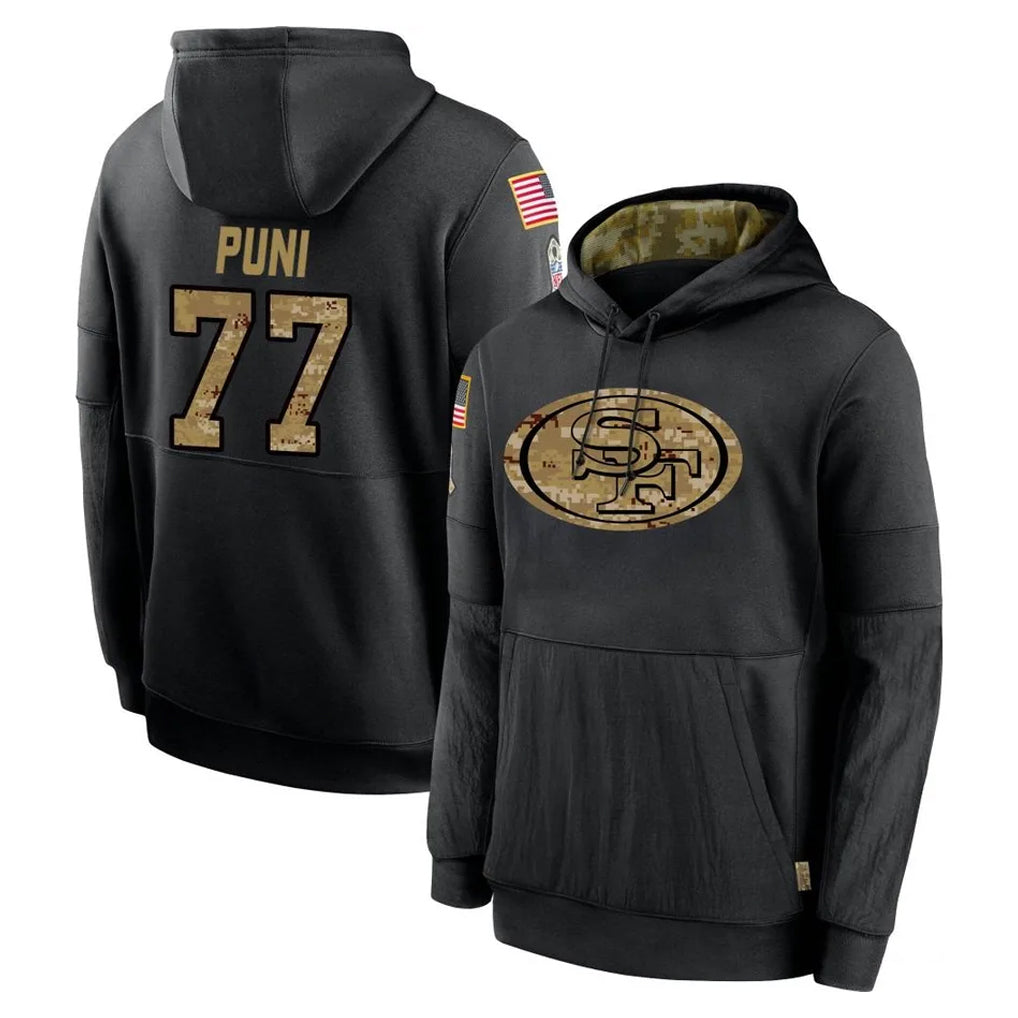 Kooe SF.49ers #77 Dominick Puni Player Black Salute to Service Sideline Performance Pullover Hoodies Home Game Stitched Jerseys