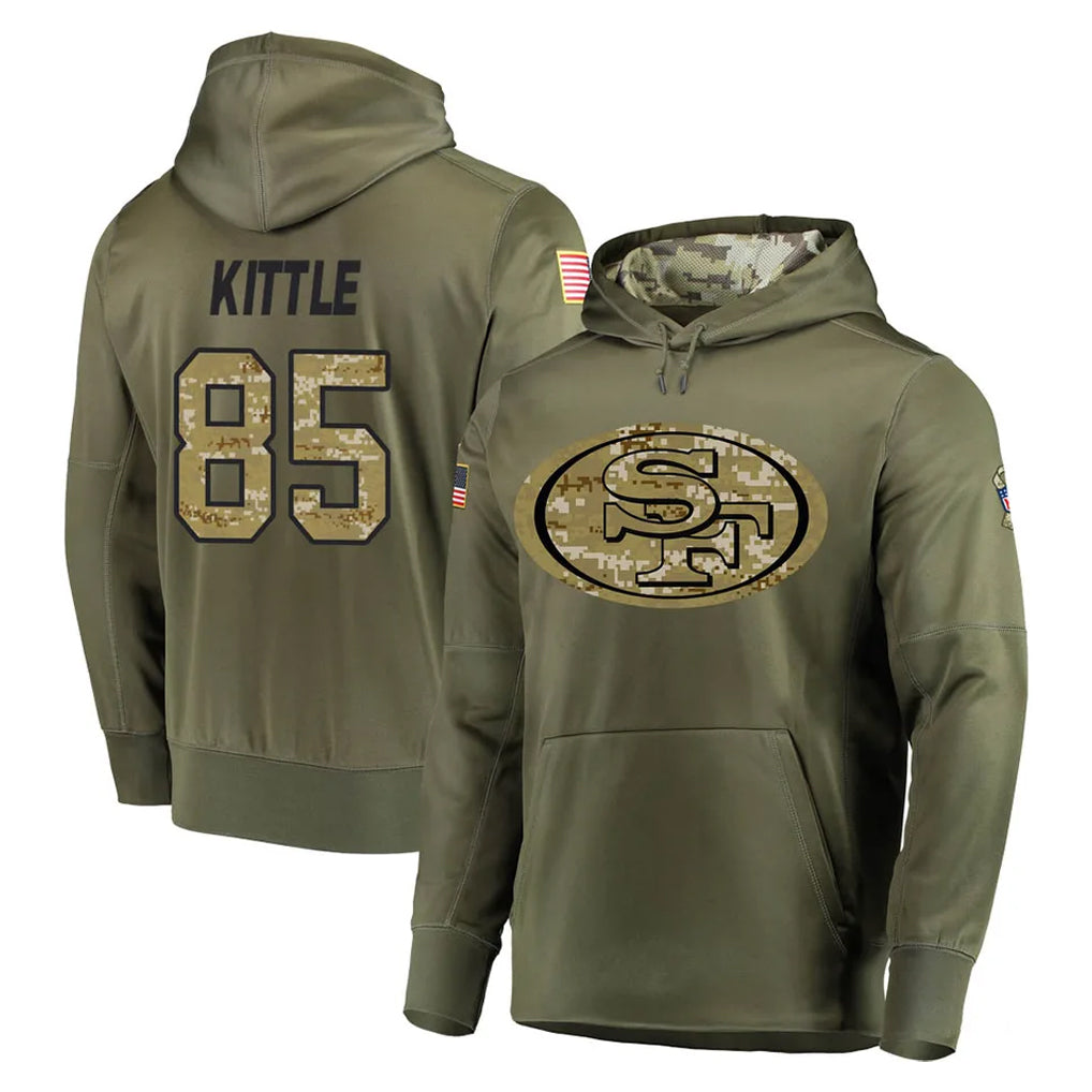 Kooe SF.49ers #85 George Kittle Player Olive Salute to Service Pullover Hoodie Home Game Stitched Jerseys