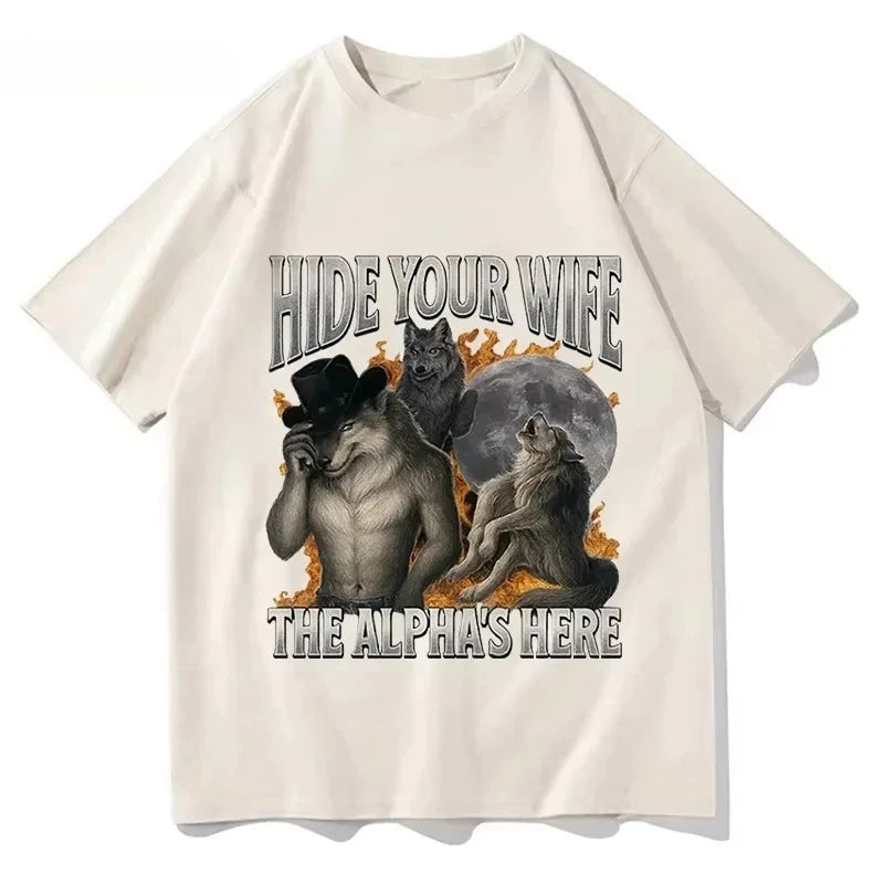 Cheap T-shirt Jerseys Hide Your Wife, Alpha Werewolf Is Coming! Funny Werewolf Meme T-shirt, Trendy Casual Hip-hop Women's Short-sleeved Shirt.Y2K Top