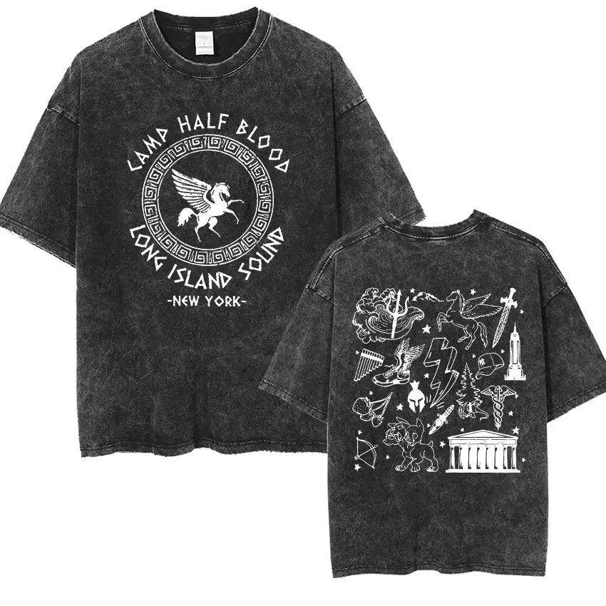 Cheap T-shirt Jerseys Camp Half Blood Long Island Sound Print T Shirts Percy Jackson Vintage Washed T-Shirt Men Women High Quality Short Sleeve TShirt