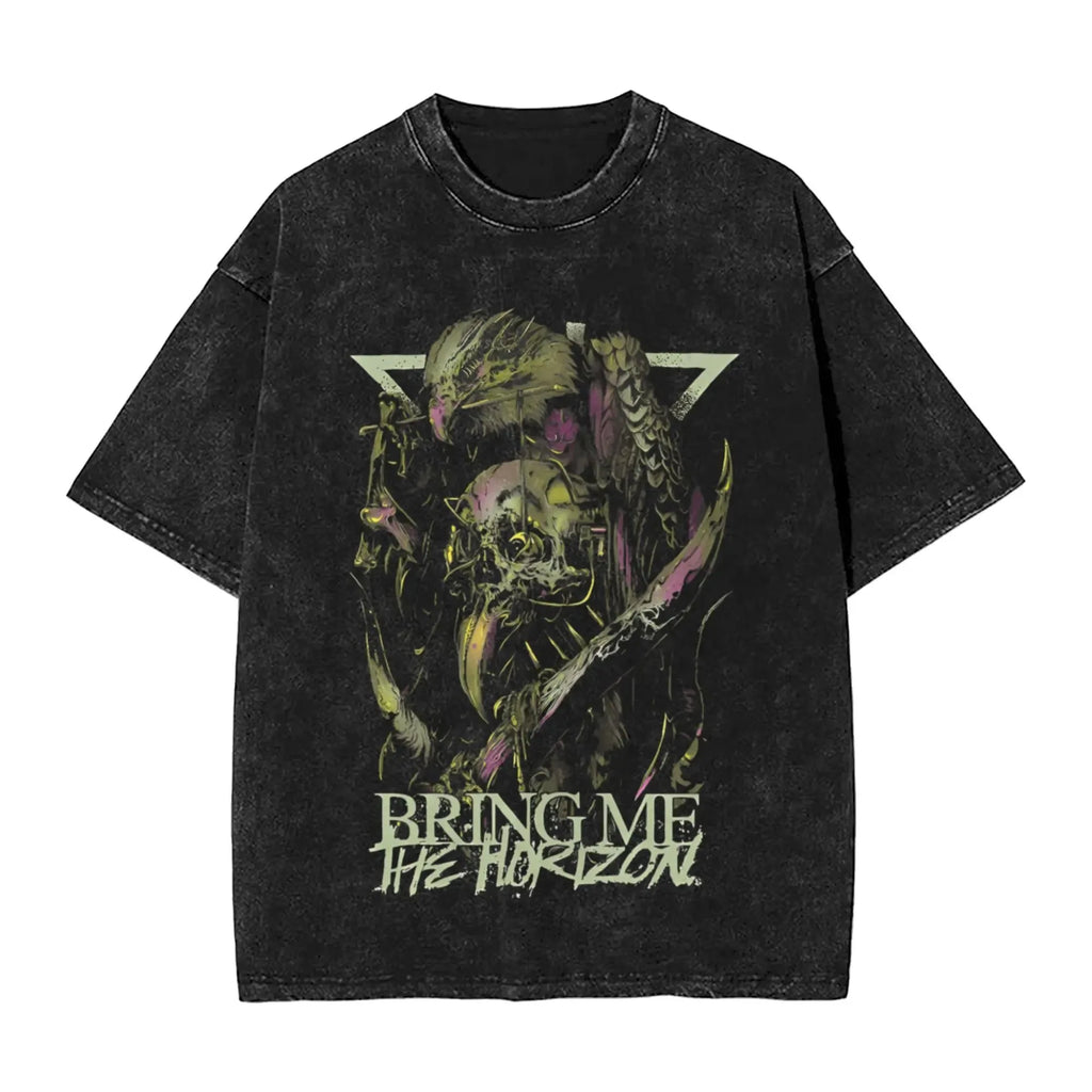 Cheap T-shirt Jerseys Short Sleeved Round Neck Y2k Tshirt Men New in Top & Tees Mens T-Shirt ROCK Band Bring Me The Horizon Tees for Fans BMTH Washed