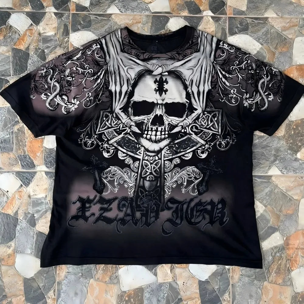Cheap T-shirt Jerseys European and American men's summer Gothic skull letter print comfortable and breathable round neck T-shirt outdoor street top